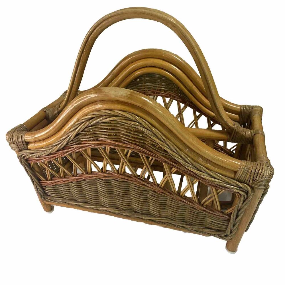 VTG Bent Wood Rattan Bamboo Rack Holder Magazine Towel MCM Boho Decor 19X10x18"